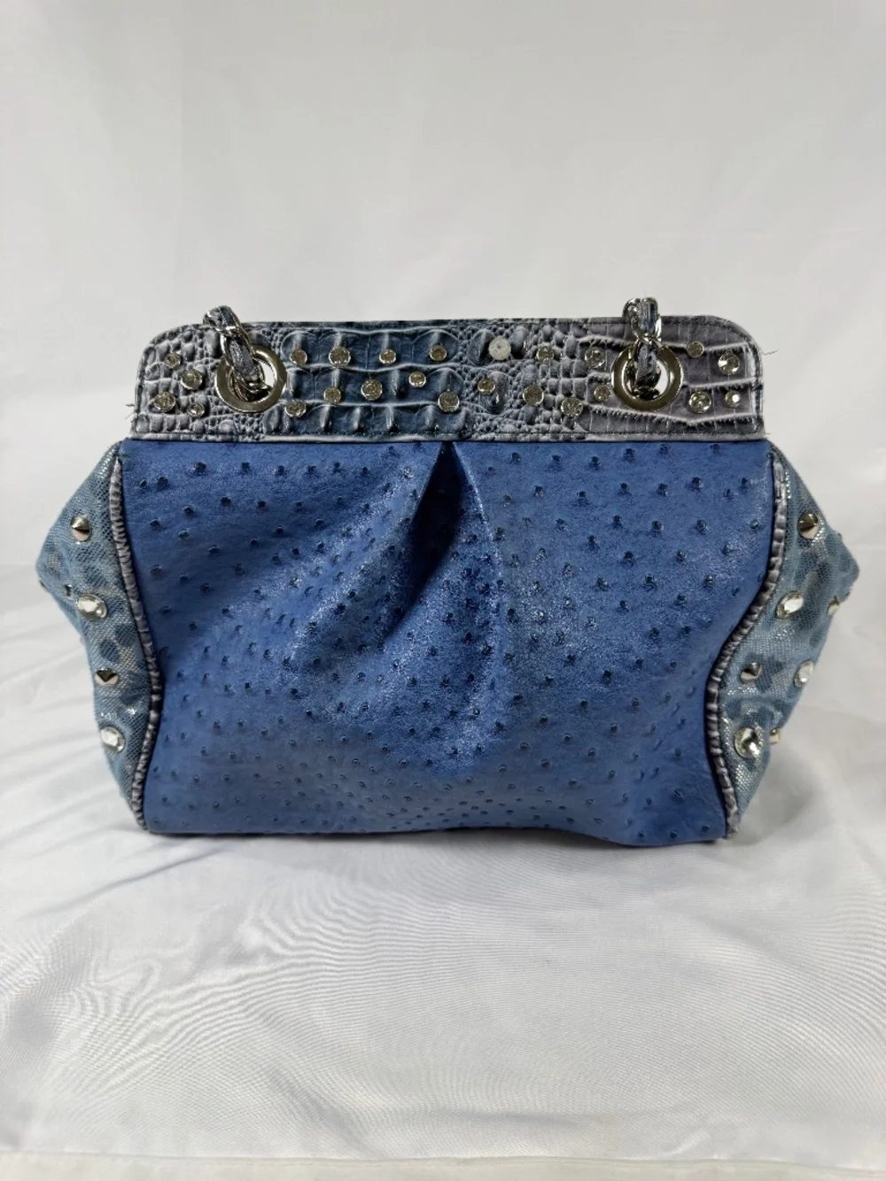 Blue Faux Ostrich Studded Chain Shoulder Bag Y2K Western Glam